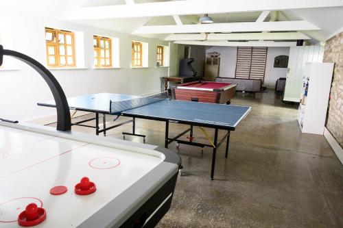 a ping pong table in the middle of a room at The Barn House - Swimming Pond,Jacuzzi,Chicks! in Battle