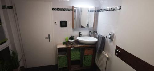 een badkamer met een witte wastafel en een spiegel bij Ferienhaus mit 4 Zimmer am Lech in Reutte