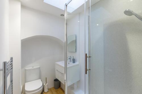 uma casa de banho com um WC e uma cabina de duche em vidro. em Spacious central Hove 1-bed flat em Brighton & Hove