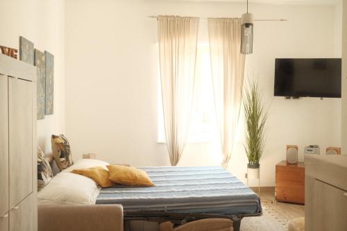 um quarto com uma cama, uma TV e uma janela em Casa Pierina em Santa Marinella