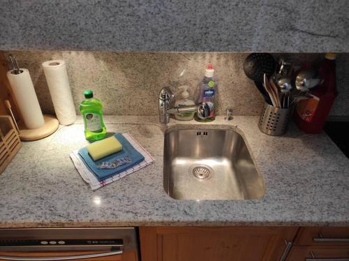 a kitchen sink with a sponge and a detergent at Attic Gem with Unbeatable Lake Moubra View in Crans-Montana