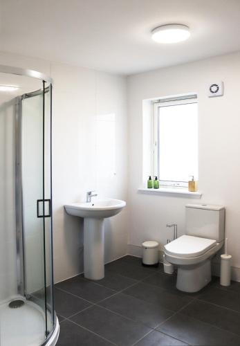 a bathroom with a toilet and a sink and a shower at Coastal Eco-Lodge with hottub Charleton Estate in Elie