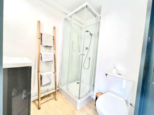 a bathroom with a shower and a toilet at Le Carnot, à 50m de la gare de Poitiers ! in Poitiers