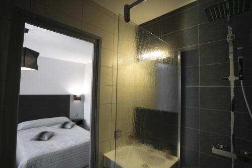 a bathroom with a shower and a bed and a mirror at Hotel du Col d'Osquich in Musculdy