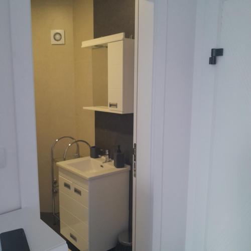 a bathroom with a white sink and a mirror at Spa Koncept-Apartmani in Veliko Gradište