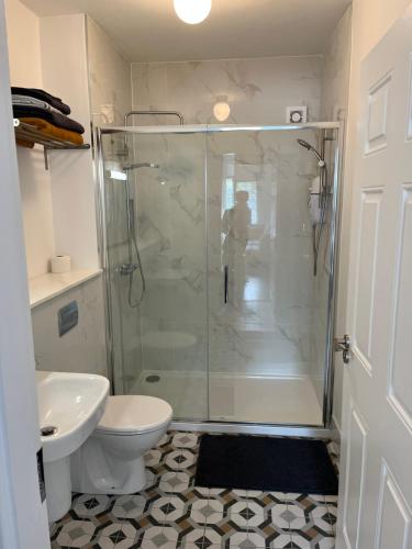 a bathroom with a shower and a toilet and a sink at 2 Bedroom Apartment Central Town Location in Enniscorthy