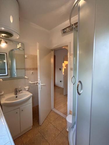 Apartment Alfirev Vodice في فوديس: حمام مع دش ومغسلة ومرحاض