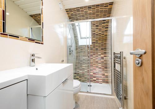 La salle de bains est pourvue d'un lavabo, de toilettes et d'une douche. dans l'établissement Bumble Barn, à Lyminge