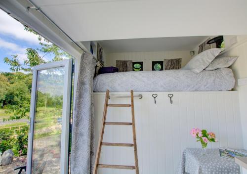 ein Schlafzimmer mit einem Etagenbett und einer Leiter in der Unterkunft Hattie the Horse Box in Hawkhurst