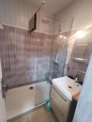 une salle de bain avec une douche, un lavabo et une baignoire dans l'établissement Le Mooréa 2 est à 5 min de l'hyper centre et plages, à Sausset-les-Pins