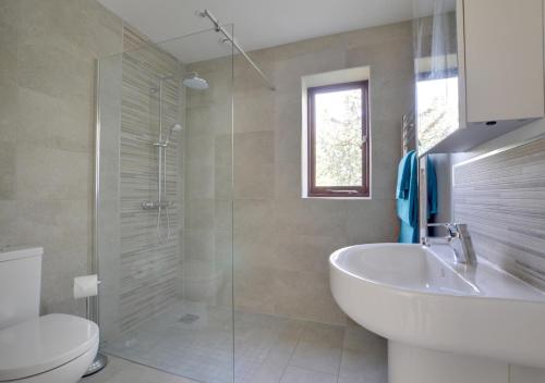 een badkamer met een douche, een wastafel en een toilet bij Hexden Lea in Rolvenden