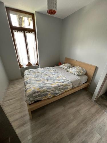 une chambre avec un lit dans une pièce avec deux fenêtres dans l'établissement Appart Maurienne, à Saint-Jean-de-Maurienne