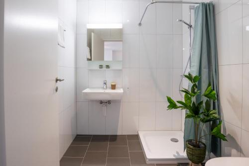 La salle de bains est pourvue d'un lavabo, de toilettes et d'une douche. dans l'établissement Arsenaux Residence by Homenhancement, à Fribourg
