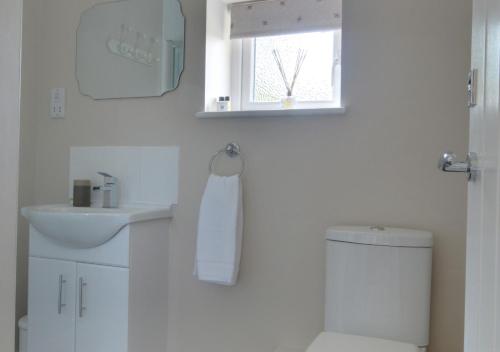 Baño blanco con aseo y lavamanos en Little Orchard en Sedlescombe