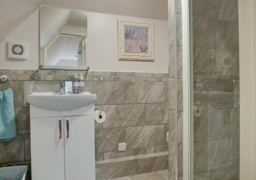 uma casa de banho com um lavatório e um chuveiro em Rose Cottage em Hawkhurst