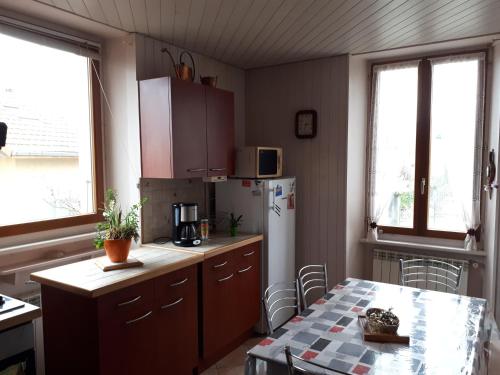 Il comprend une cuisine équipée d'une table et d'un réfrigérateur. dans l'établissement Appartement La Roche sur Foron, à La Roche-sur-Foron