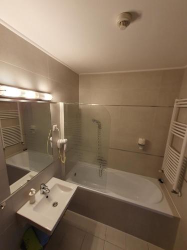 a bathroom with a sink and a bath tub at Plage Carpe Diem 2 Apartman in Hajdúszoboszló