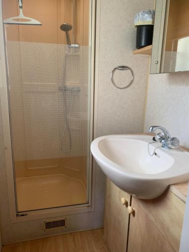 a bathroom with a shower and a sink at Mobil home La Coulumiere in La Tremblade