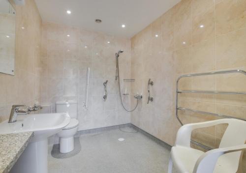 a bathroom with a shower and a toilet and a sink at The Cowshed in Herstmonceux