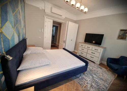 um quarto com uma cama grande e uma televisão em Historic Apartment, very close to the beach and main activities em Constança
