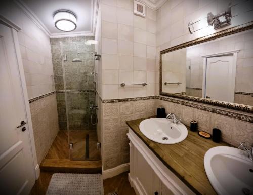 uma casa de banho com um lavatório, um chuveiro e um espelho. em Historic Apartment, very close to the beach and main activities em Constança