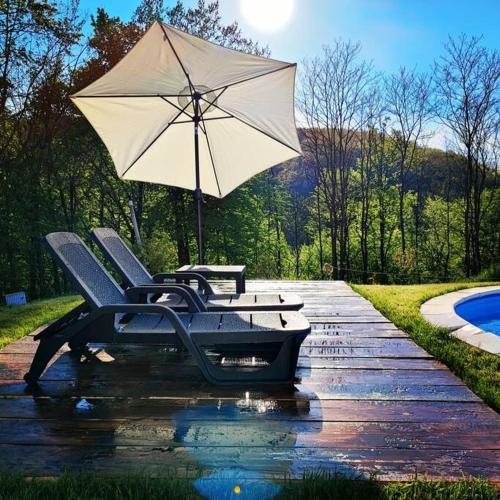 a table and chairs with an umbrella next to a pool at Linden Forest House in LipoviC(244)ka Mehana