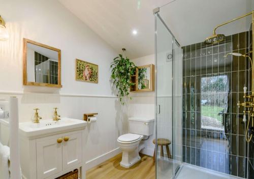 a bathroom with a shower and a toilet and a sink at Treetops at Bewl Water in Wadhurst