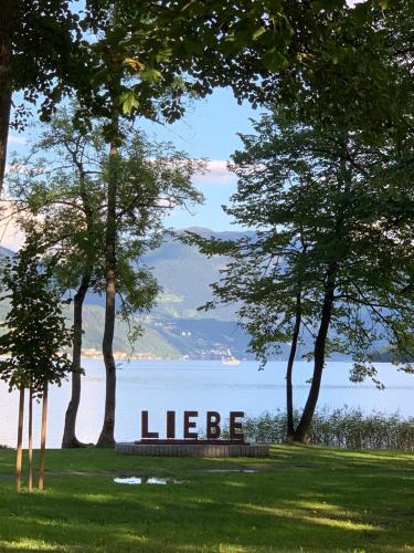 a bench in a park with a view of the water at Perau in Gmünd in Gmünd in Kärnten