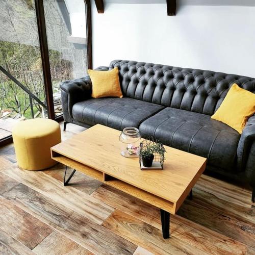 a living room with a black couch and a coffee table at Linden Forest House in LipoviC(244)ka Mehana