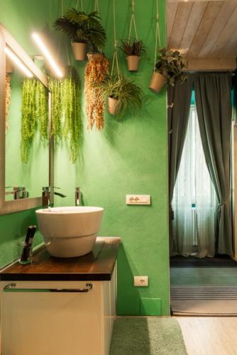 a green bathroom with a sink and plants on the wall at PARADISE RANCH in Borgo Sabotino