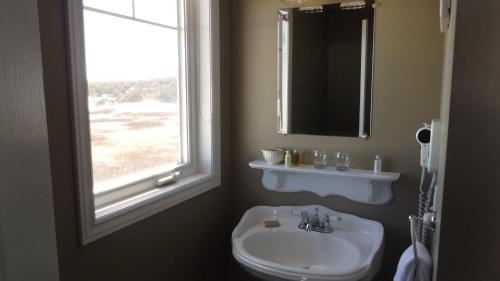 a bathroom with a sink and a mirror and a window at Johnson Shore Inn in Harmony Junction