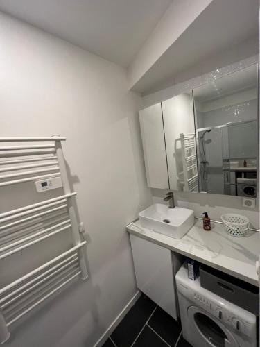 une salle de bain blanche avec un lavabo et un miroir dans l'établissement 103 T2 Hyper centre Meaux, à Meaux