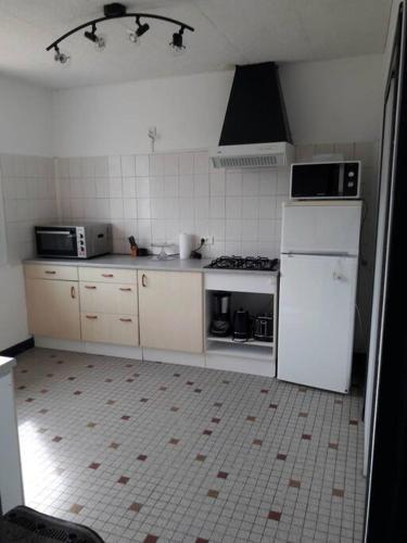 Il comprend une cuisine équipée d'un réfrigérateur blanc et d'une cuisinière. dans l'établissement Gite Au Marianne, à Jû-Belloc