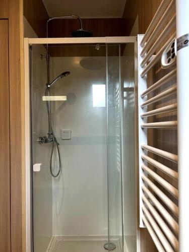 La salle de bains est pourvue d'une cabine de douche en verre. dans l'établissement Ma cabane sous les arbres, à Soulac-sur-Mer