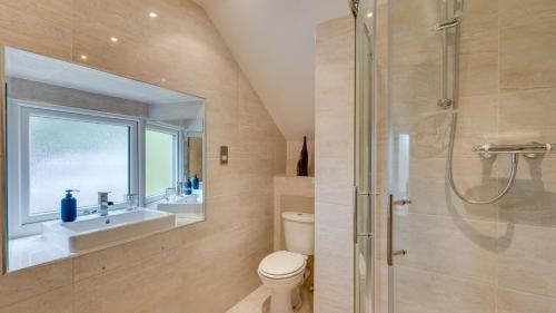 a bathroom with a shower and a toilet and a sink at Field Barn in Matlock