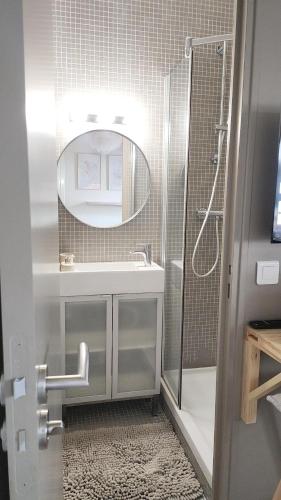 une salle de bain avec une douche, un lavabo et un miroir dans l'établissement Cozy Studio Paris 16ème - Arc de Triomphe, Champs Elysées & Trocadero, à Paris