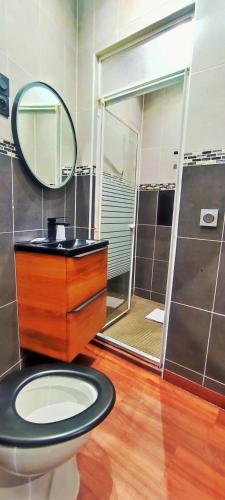 a bathroom with a toilet and a sink and a mirror at Hôtel Moderne in Saint-Denis
