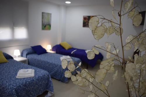 a hotel room with two beds and a plant at Sleeping Sarria in Sarria