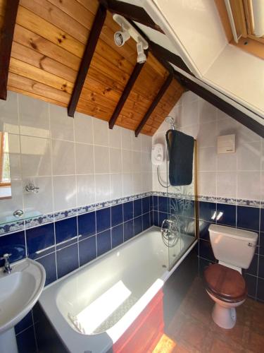a bathroom with a tub and a toilet and a sink at Loch Arklet House in Stirling