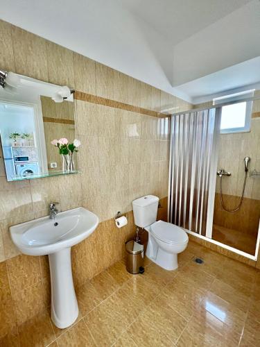 a bathroom with a sink and a toilet and a shower at Cute & sweet home in Archangelos
