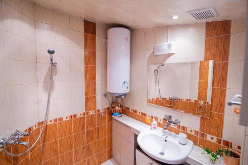 y baño con lavabo, ducha y espejo. en Gabko Apartment - great location and a comfortable stay!, en Stara Zagora