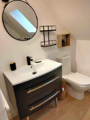 une salle de bain avec un lavabo et un miroir et des toilettes dans l'établissement Maison mer Manche Cotentin, à Créances