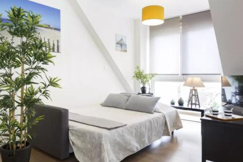 - une chambre avec un lit et des plantes en pot dans l'établissement Bright nest in Saint-Malo - 6 min from the beach, à Saint-Malo