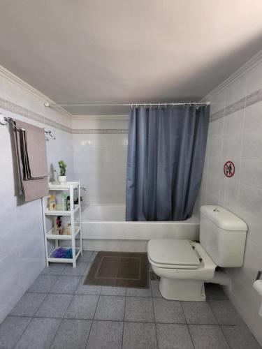 a bathroom with a toilet and a shower curtain at Villa Michalis in Katalagárion