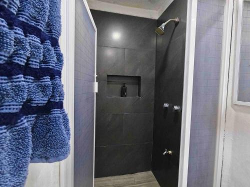 La salle de bains est pourvue d'une douche et d'une serviette bleue. dans l'établissement La Perle Noire - Auberge, à Cozumel