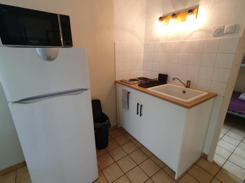 a small kitchen with a refrigerator and a sink at Les Chalets du Gélat, nature et calme in Noaillan