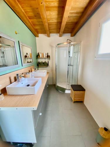 une salle de bain avec deux lavabos et une douche dans l'établissement Chambres d’hôtes A Casa Di Marigaby, à Barbaggio