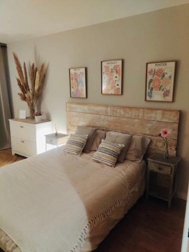 una camera da letto con un grande letto con due cuscini di T2 Rouviere Calme séjour Marseillais proches calanques a Marsiglia