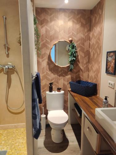bagno con servizi igienici, lavandino e specchio di T2 Rouviere Calme séjour Marseillais proches calanques a Marsiglia