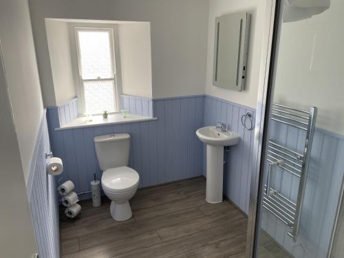 uma casa de banho azul com um WC e um lavatório em The Duke of Cornwall em St Austell
